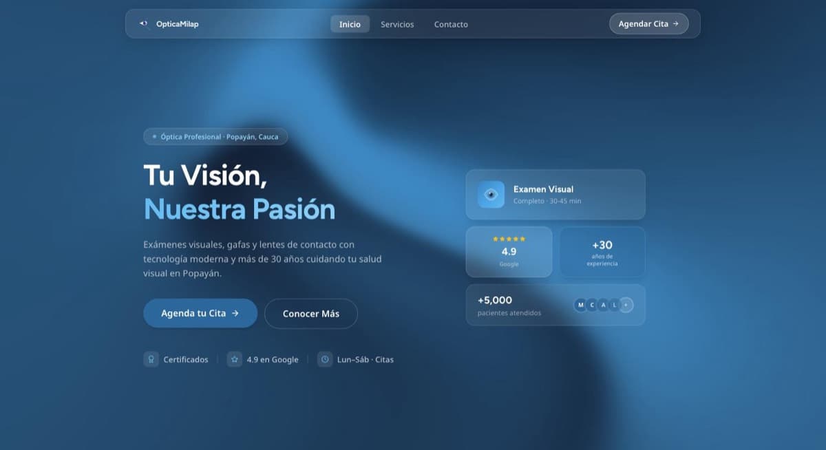 Página de inicio del sitio web de Óptica Milap